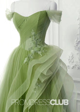 Sibyl |Green Lace Long Prom Dresses With A - Line Off Shoulder - Price #price_variant_lowest# - Green - PromDressClub